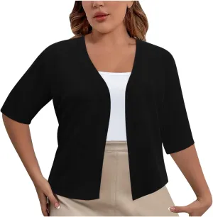 Women's 2024 Lightweight Short Sleeve V Neck Cardigans Sweaters Cropped Open Front Knit Crochet Bolero Shrugs Tops