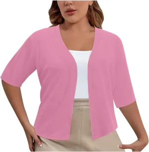 Women's 2024 Lightweight Short Sleeve V Neck Cardigans Sweaters Cropped Open Front Knit Crochet Bolero Shrugs Tops