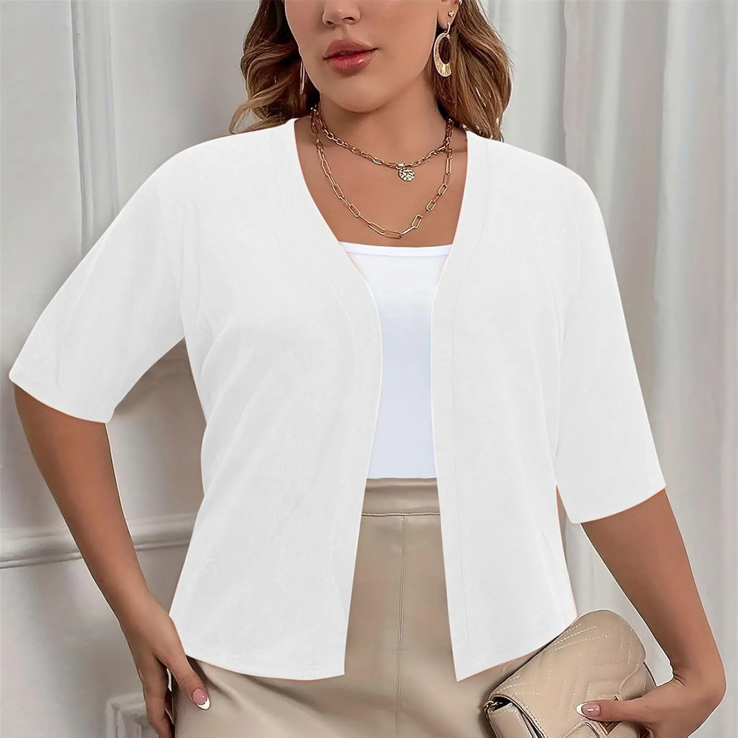 Women's 2024 Lightweight Short Sleeve V Neck Cardigans Sweaters Cropped Open Front Knit Crochet Bolero Shrugs Tops