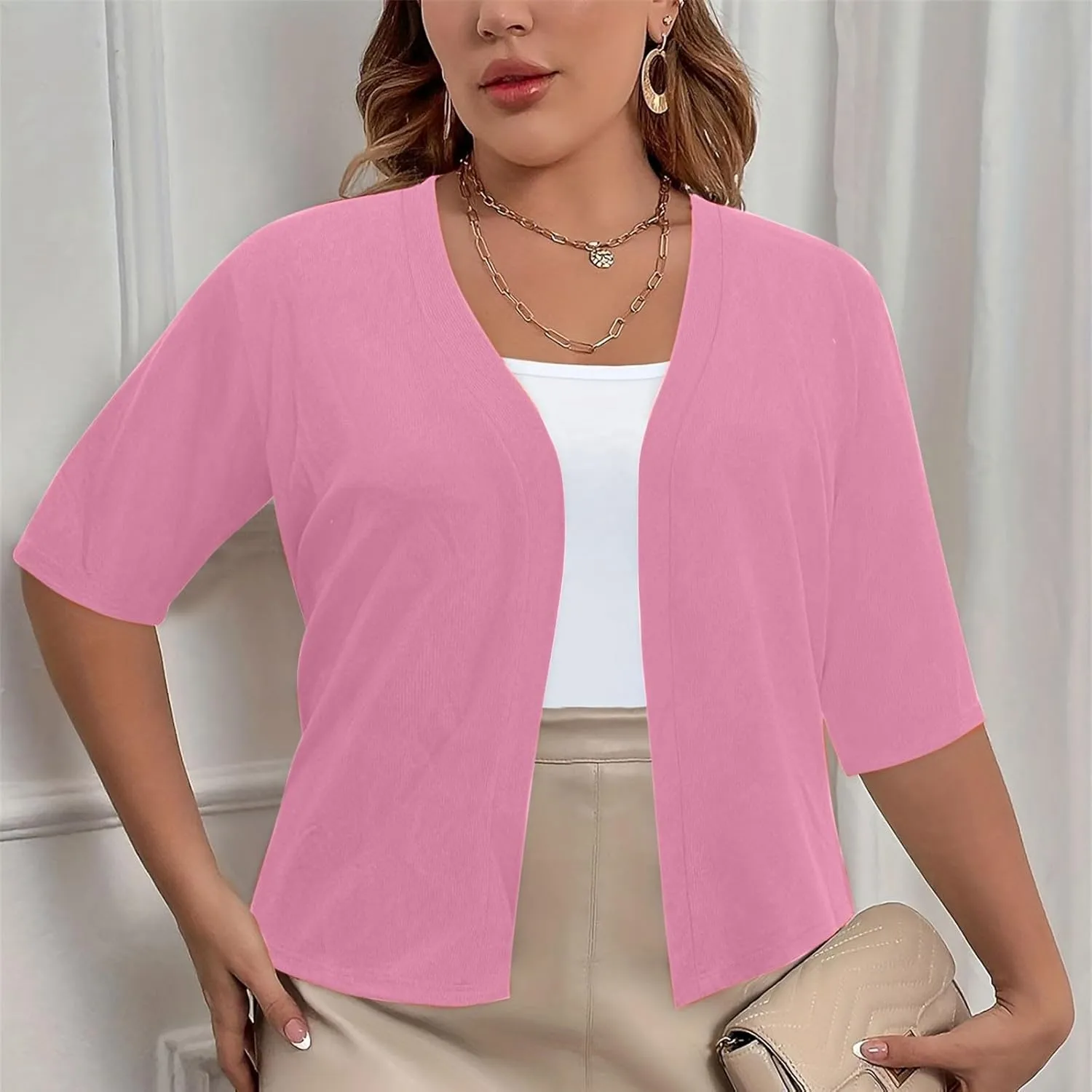 Women's 2024 Lightweight Short Sleeve V Neck Cardigans Sweaters Cropped Open Front Knit Crochet Bolero Shrugs Tops