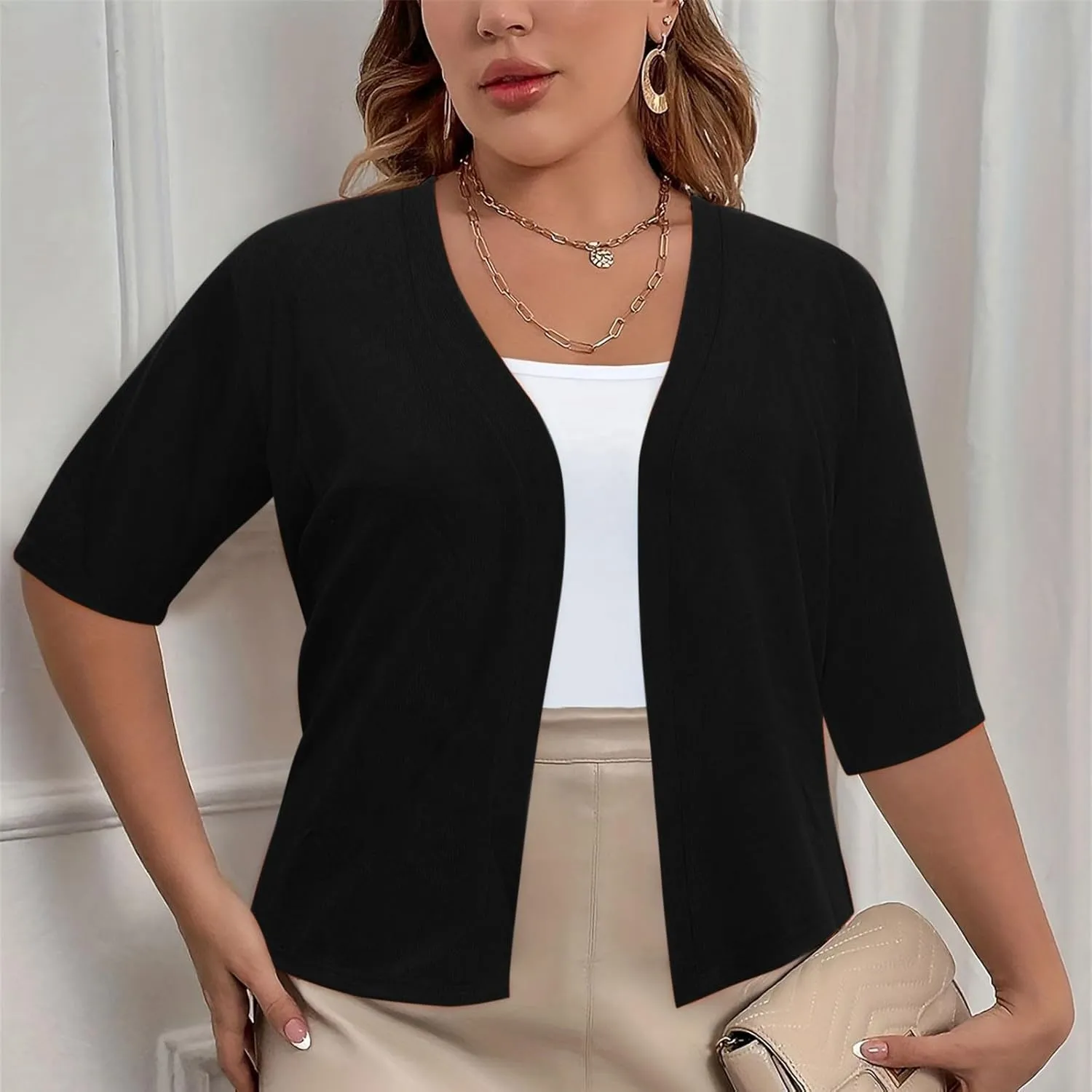 Women's 2024 Lightweight Short Sleeve V Neck Cardigans Sweaters Cropped Open Front Knit Crochet Bolero Shrugs Tops