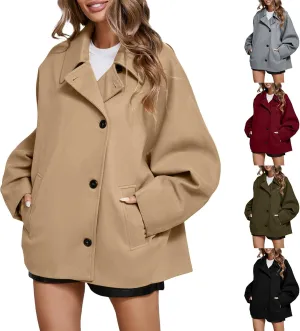 Womens 2024 Notch Lapel Shacket Jacket Casual Button Woolen Winter Trench Coat With Pockets Classic Oversized Outwear