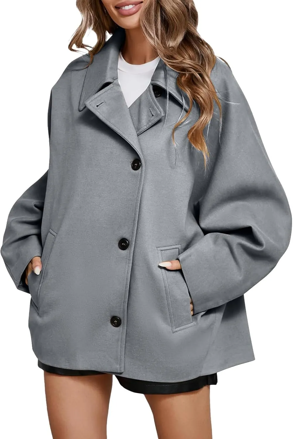 Womens 2024 Notch Lapel Shacket Jacket Casual Button Woolen Winter Trench Coat With Pockets Classic Oversized Outwear
