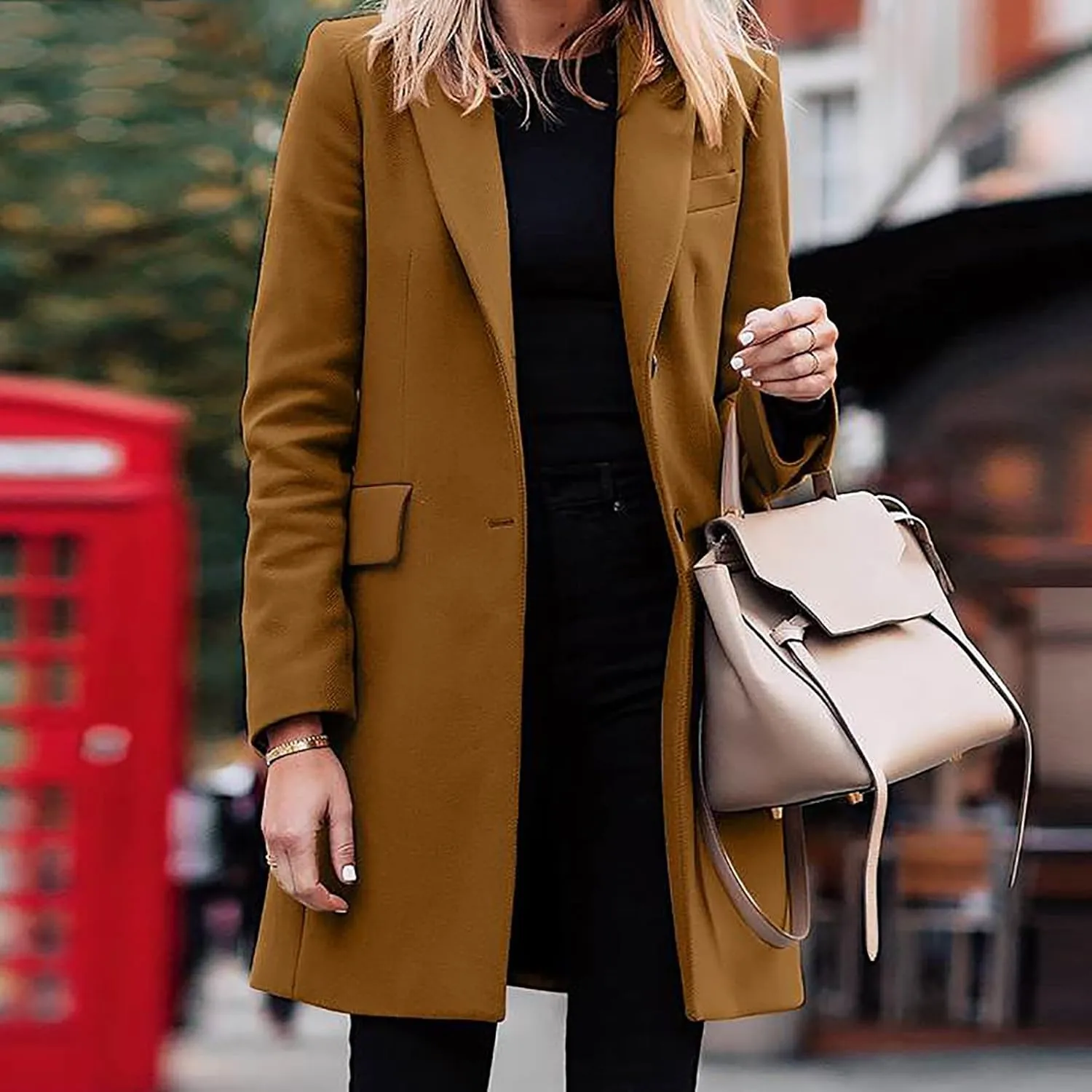 Women's Big Notch Lapel Mid-Long Wool Blend Coat Oversized Long Sleeve Shacket Jacket Button Down Wool Blend Coats