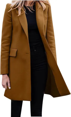 Women's Big Notch Lapel Mid-Long Wool Blend Coat Oversized Long Sleeve Shacket Jacket Button Down Wool Blend Coats