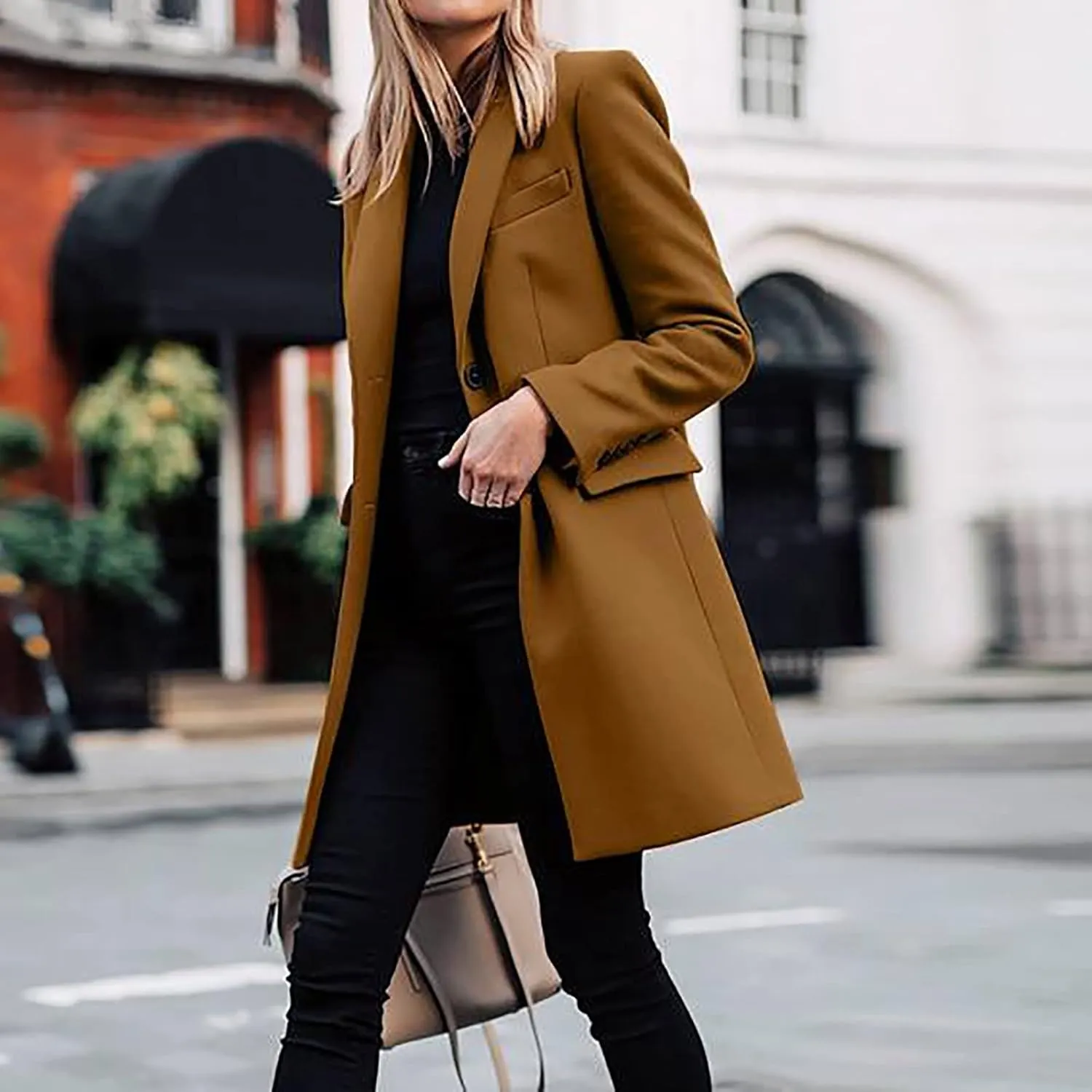 Women's Big Notch Lapel Mid-Long Wool Blend Coat Oversized Long Sleeve Shacket Jacket Button Down Wool Blend Coats