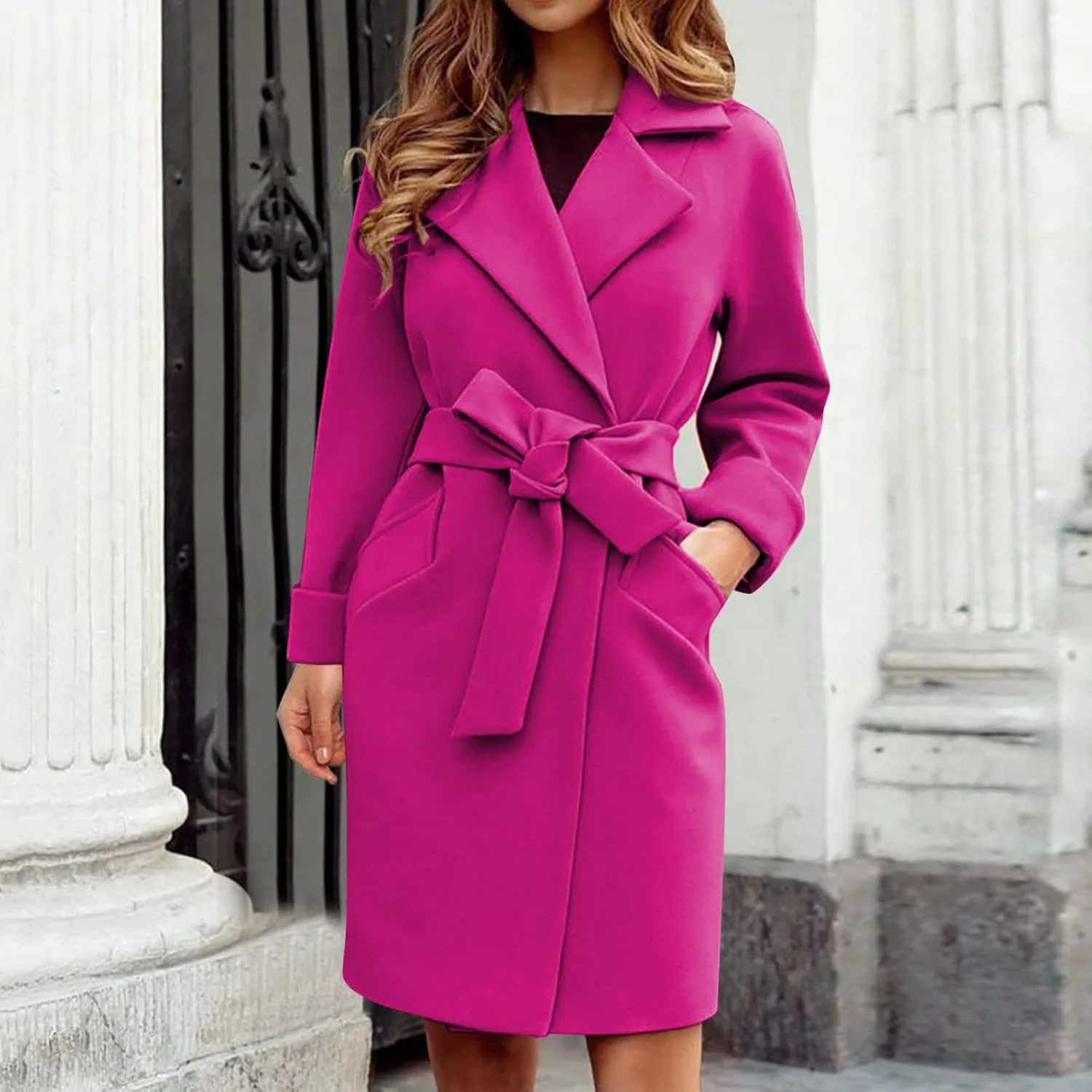 Women's Big Notch Lapel Single Breasted Mid-Long Wool Blend Coat Wool Coat Warm Jacket