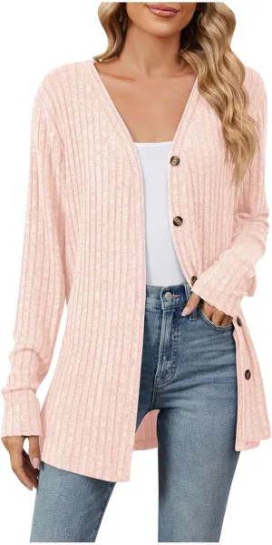 Womens Button Down Open Front Cardigan Fall Lightweight Soft Ribbed Knit Cardigan Sweaters Long Sleeve Coat Outwear