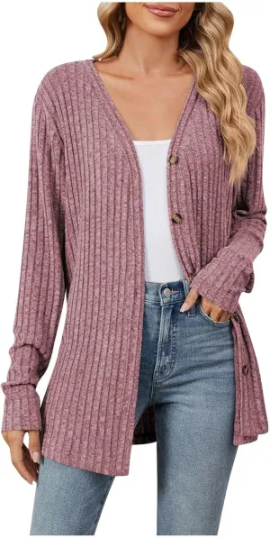 Womens Button Down Open Front Cardigan Fall Lightweight Soft Ribbed Knit Cardigan Sweaters Long Sleeve Coat Outwear