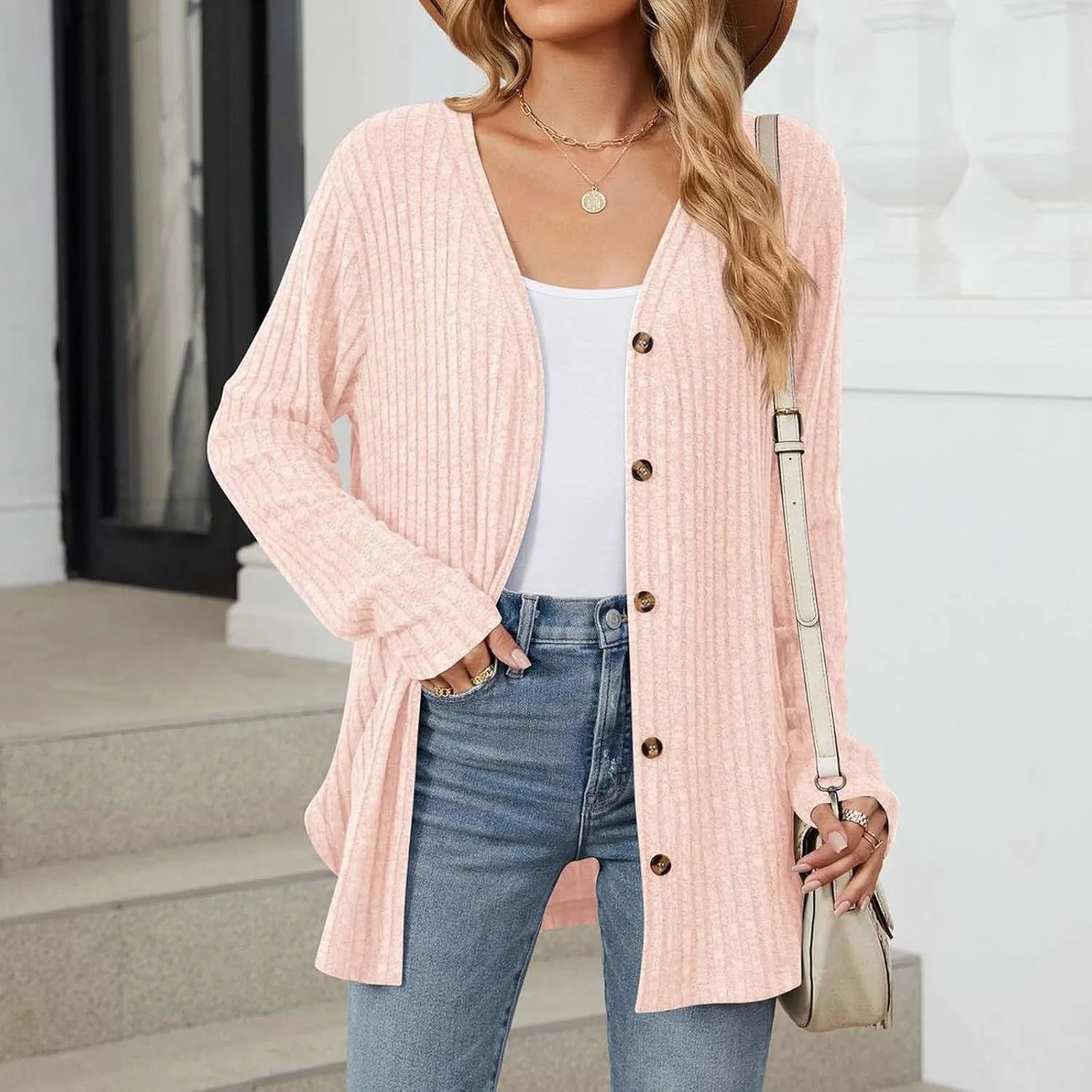 Womens Button Down Open Front Cardigan Fall Lightweight Soft Ribbed Knit Cardigan Sweaters Long Sleeve Coat Outwear