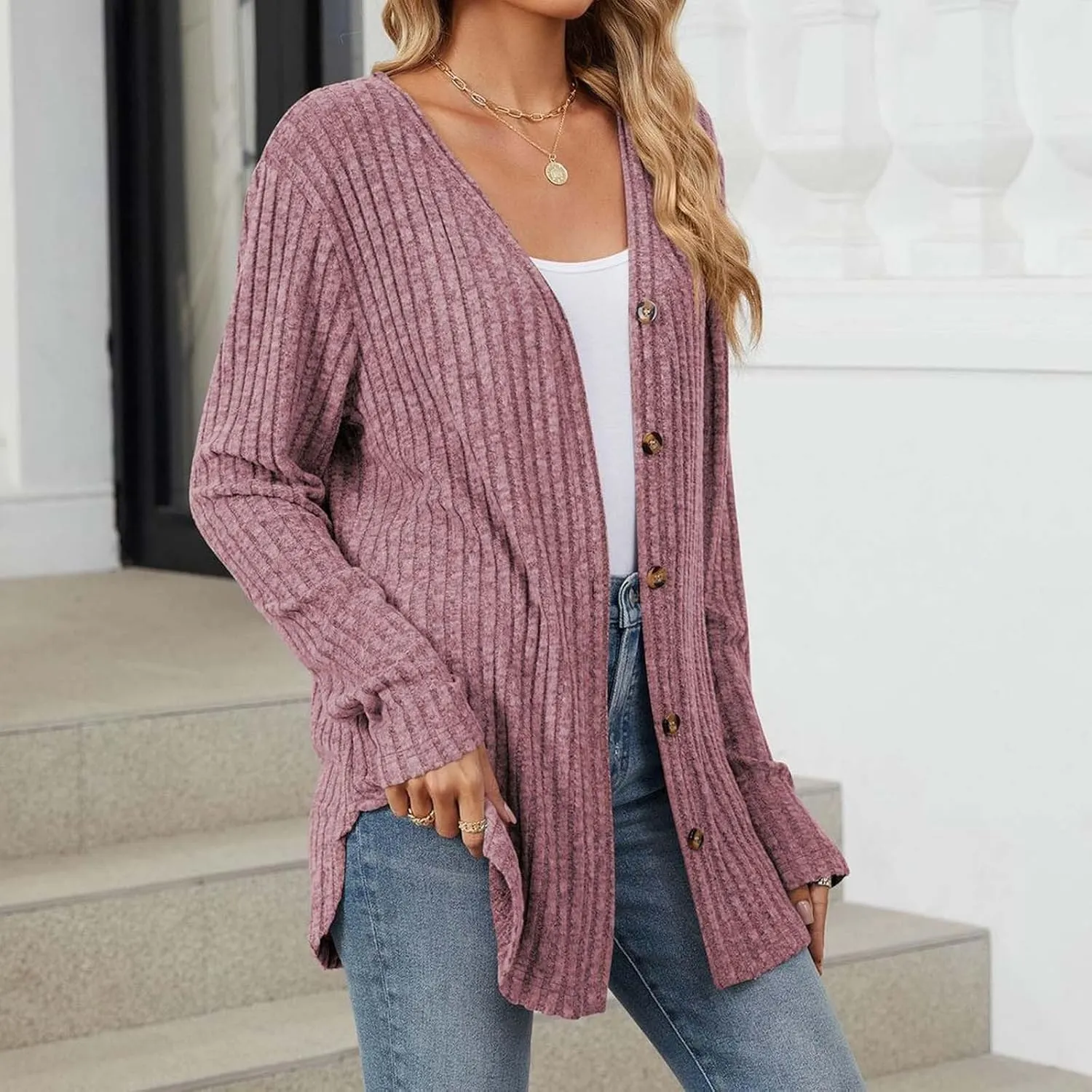 Womens Button Down Open Front Cardigan Fall Lightweight Soft Ribbed Knit Cardigan Sweaters Long Sleeve Coat Outwear