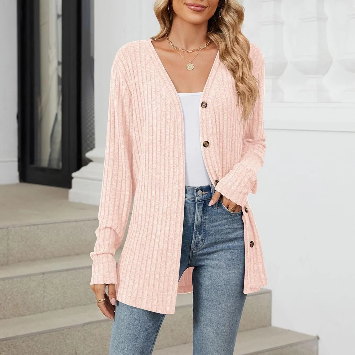 Womens Button Down Open Front Cardigan Fall Lightweight Soft Ribbed Knit Cardigan Sweaters Long Sleeve Coat Outwear