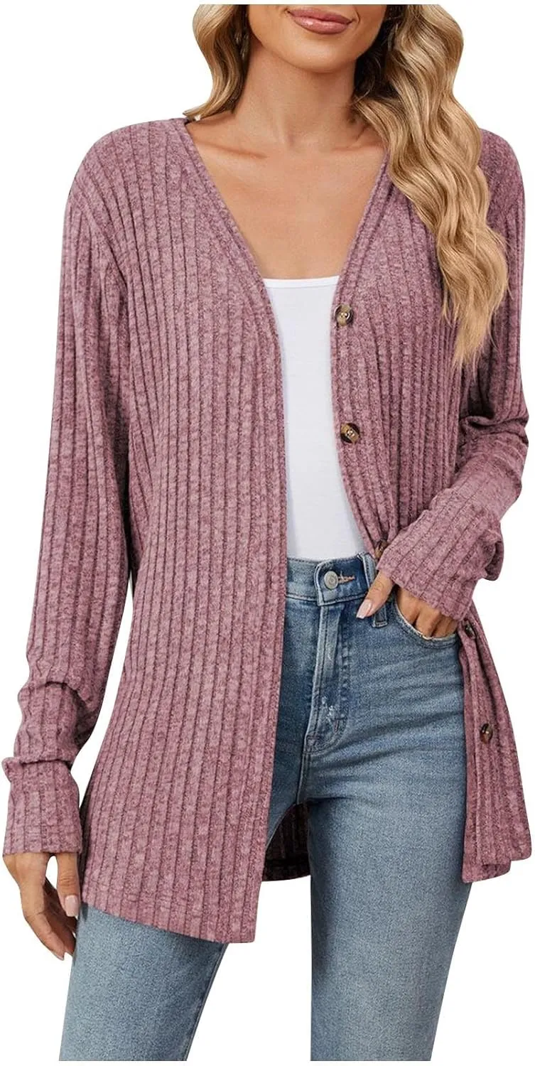 Womens Button Down Open Front Cardigan Fall Lightweight Soft Ribbed Knit Cardigan Sweaters Long Sleeve Coat Outwear