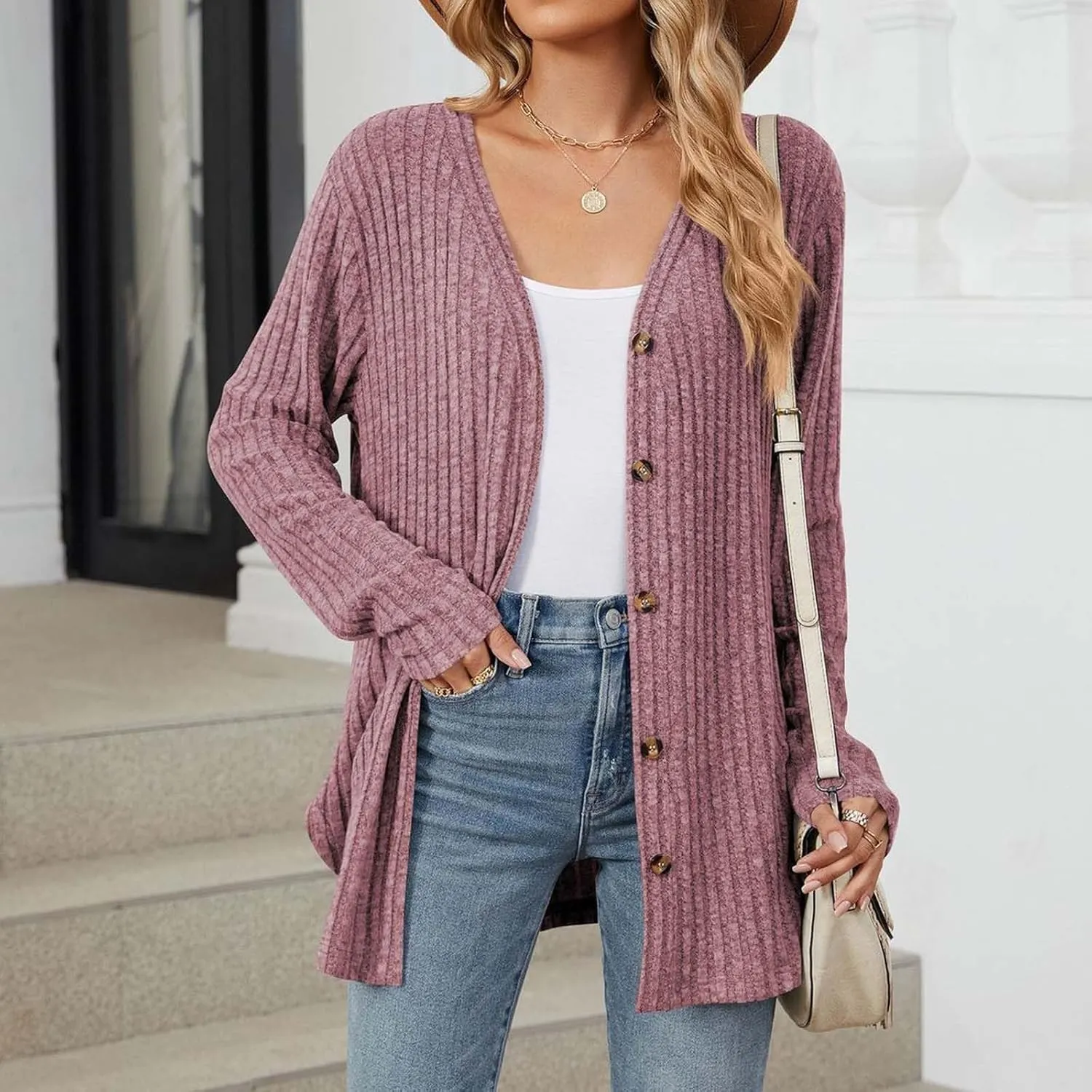 Womens Button Down Open Front Cardigan Fall Lightweight Soft Ribbed Knit Cardigan Sweaters Long Sleeve Coat Outwear