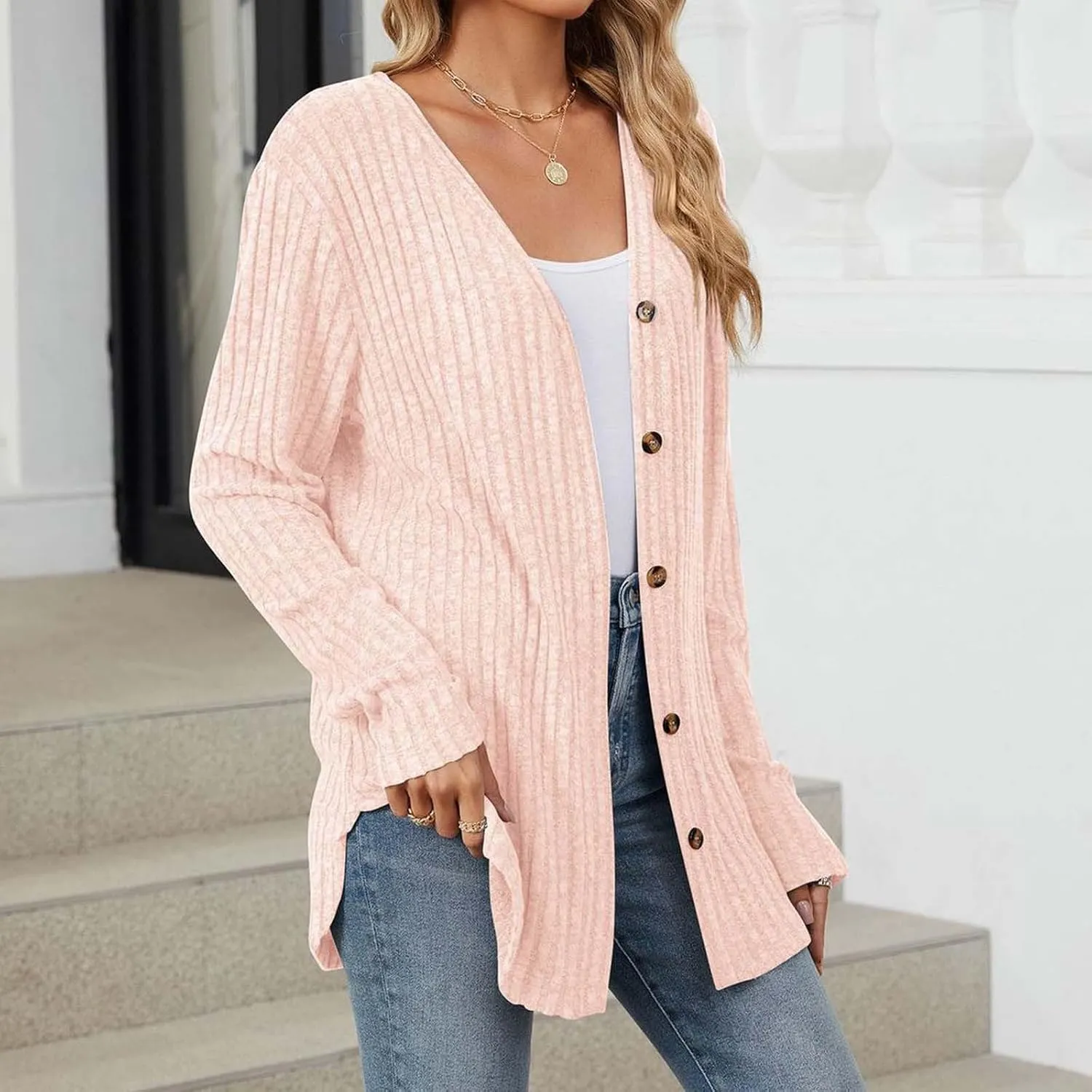 Womens Button Down Open Front Cardigan Fall Lightweight Soft Ribbed Knit Cardigan Sweaters Long Sleeve Coat Outwear