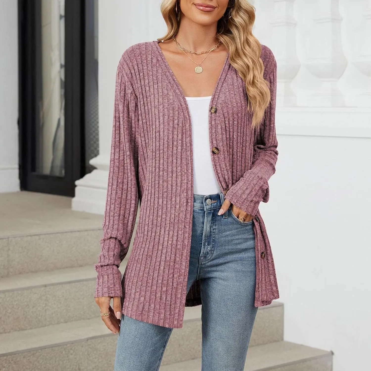 Womens Button Down Open Front Cardigan Fall Lightweight Soft Ribbed Knit Cardigan Sweaters Long Sleeve Coat Outwear