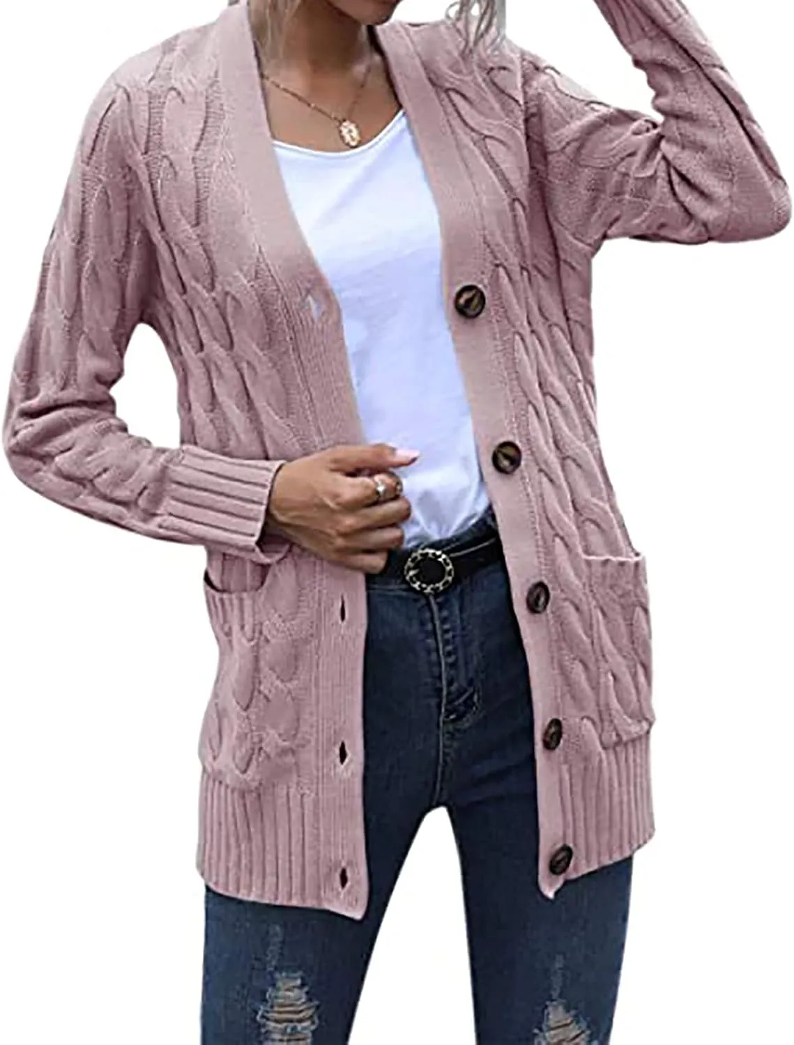 Women's Cable Knit Cardigan Sweaters Open Front Button Down Knitwear Loose Oversized Fall Outerwear Coat with Pocket