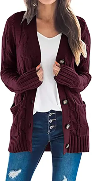 Women's Cable Knit Cardigan Sweaters Open Front Button Down Knitwear Loose Oversized Fall Outerwear Coat with Pocket