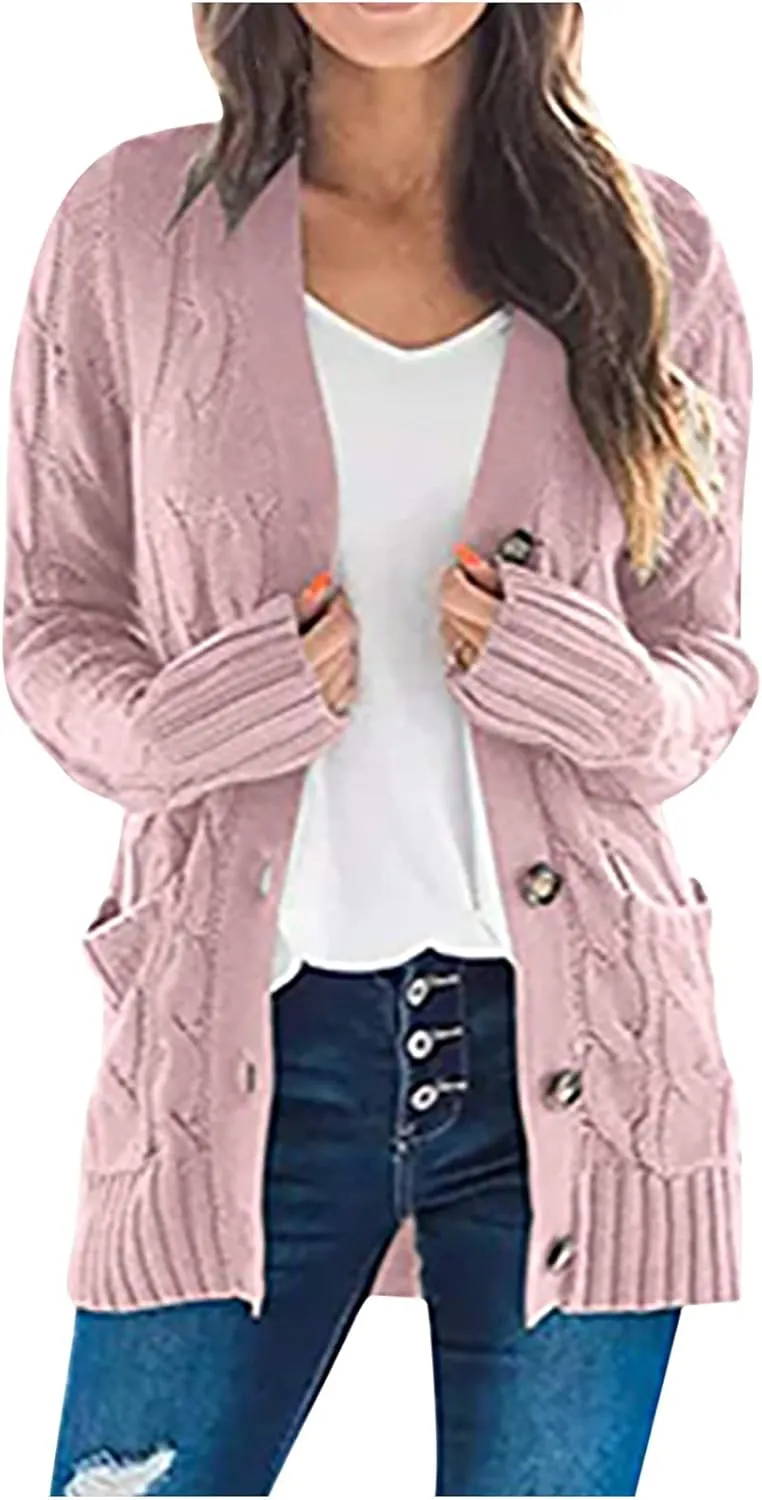 Women's Cable Knit Cardigan Sweaters Open Front Button Down Knitwear Loose Oversized Fall Outerwear Coat with Pocket