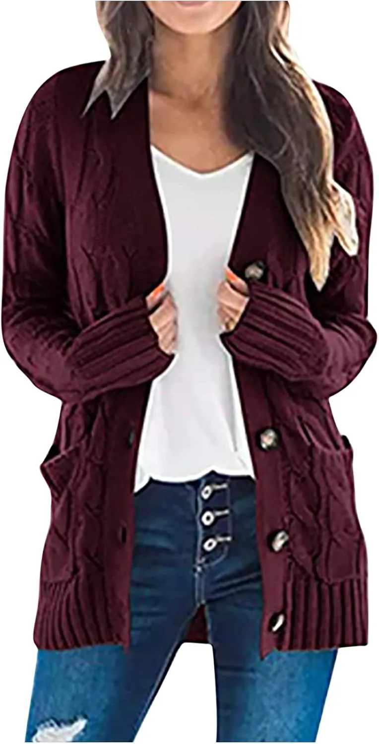 Women's Cable Knit Cardigan Sweaters Open Front Button Down Knitwear Loose Oversized Fall Outerwear Coat with Pocket
