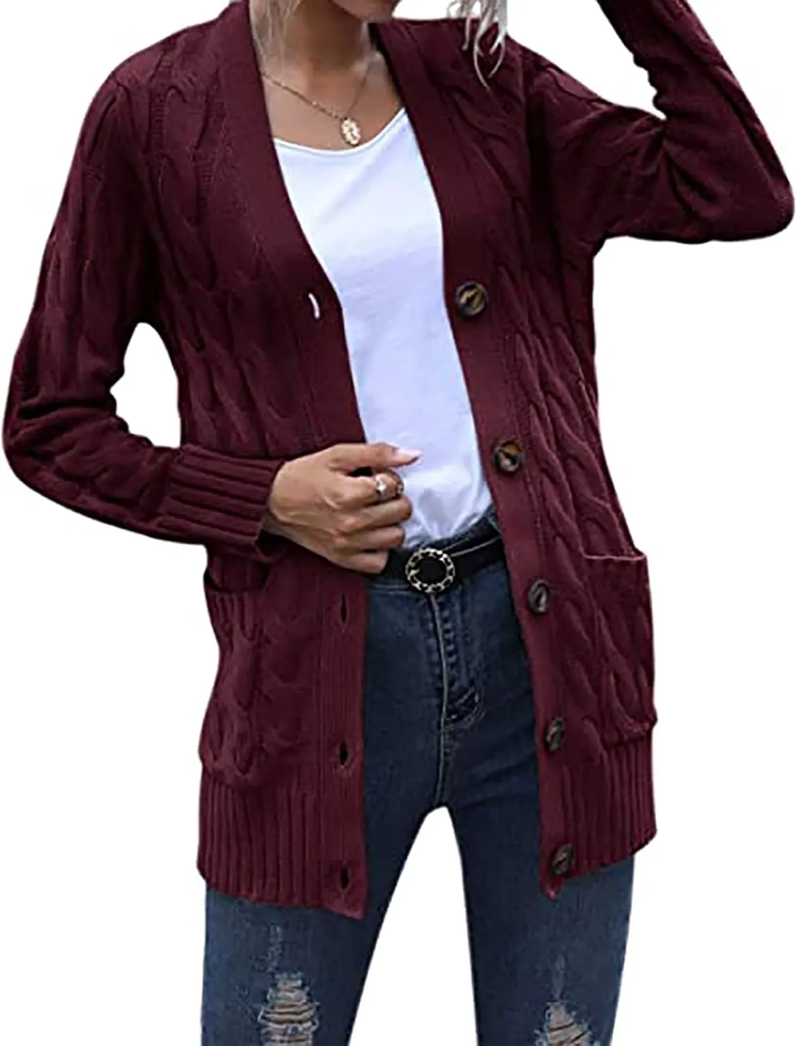 Women's Cable Knit Cardigan Sweaters Open Front Button Down Knitwear Loose Oversized Fall Outerwear Coat with Pocket