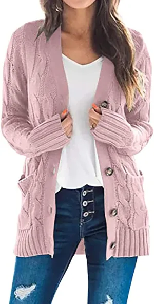 Women's Cable Knit Cardigan Sweaters Open Front Button Down Knitwear Loose Oversized Fall Outerwear Coat with Pocket