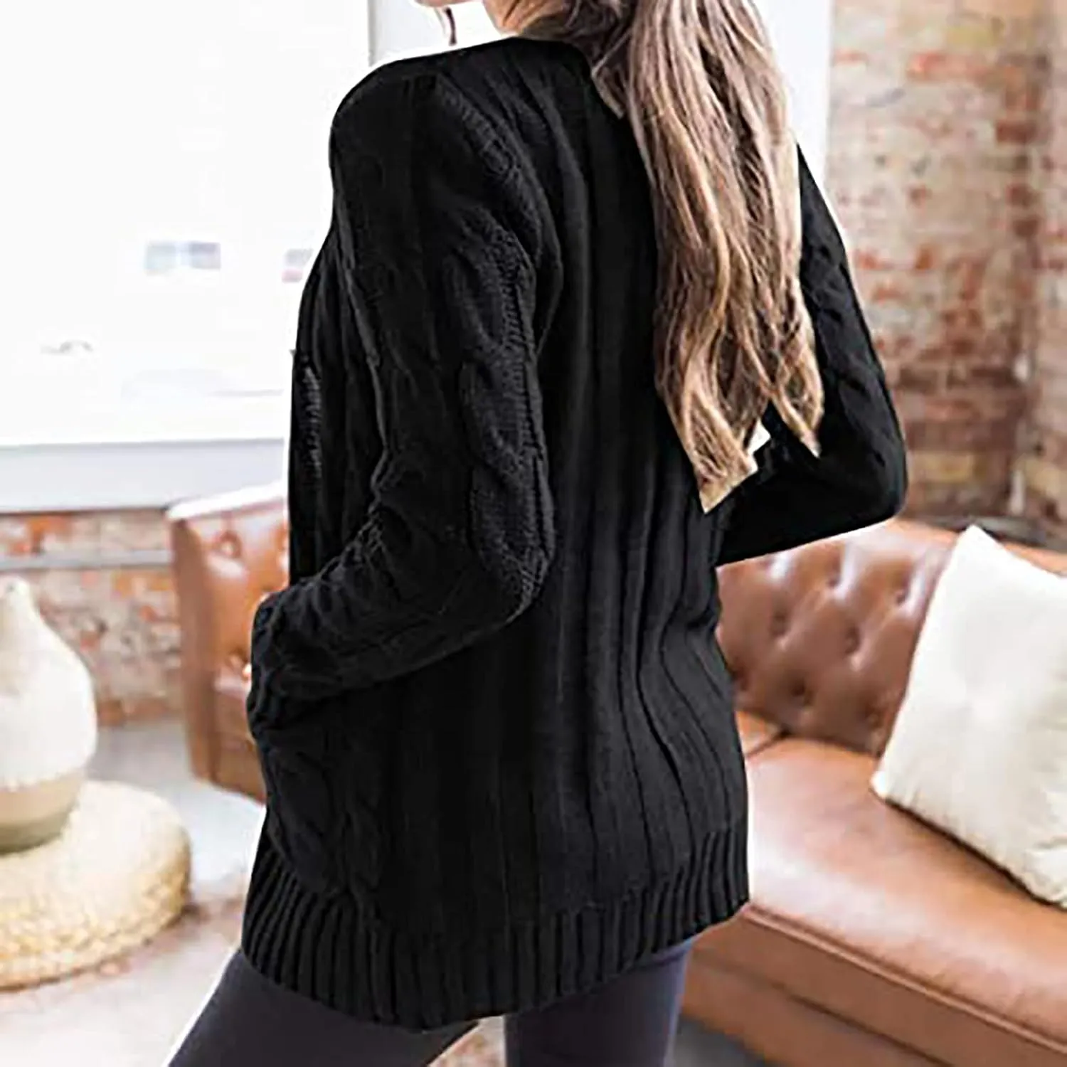 Womens Cable Knit Cardigans 2023 Long Sleeve Solid Color Open Front Button Down Sweaters Lightweight Casual Outerwear Coats
