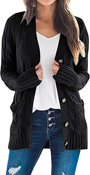 Womens Cable Knit Cardigans 2023 Long Sleeve Solid Color Open Front Button Down Sweaters Lightweight Casual Outerwear Coats