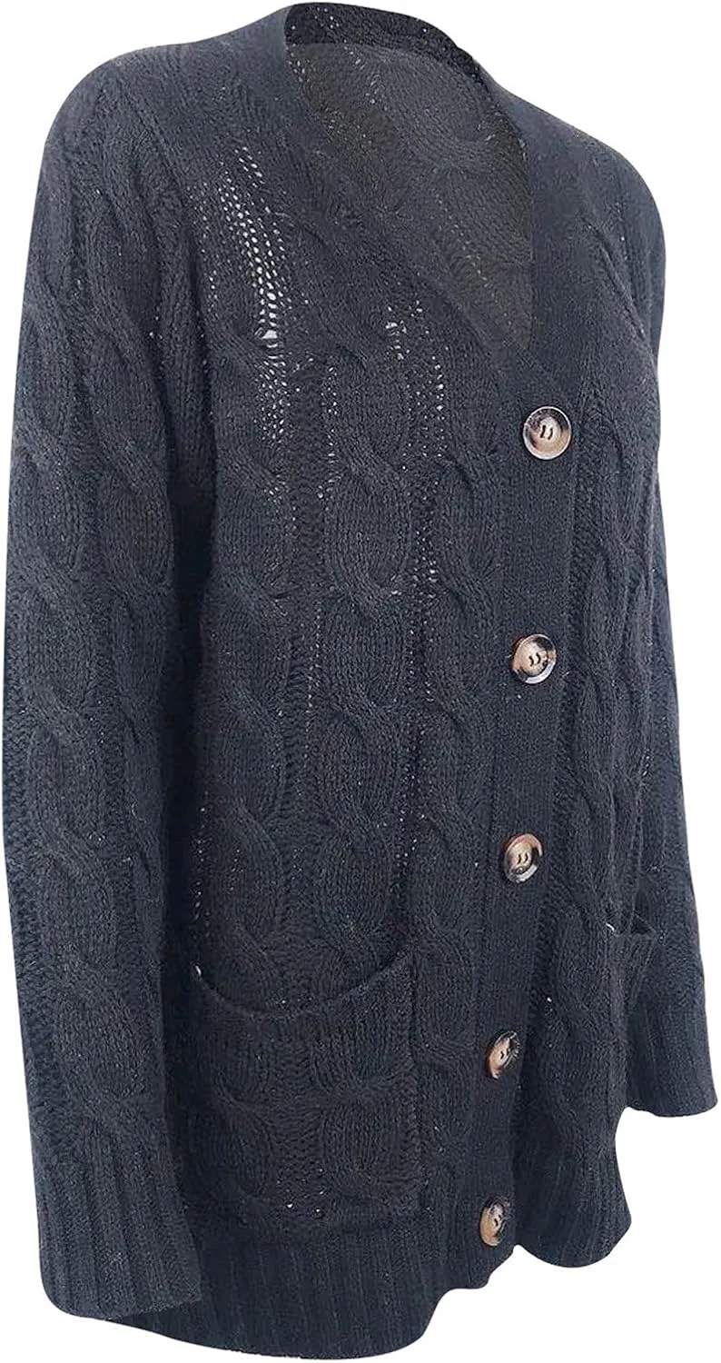 Womens Cable Knit Cardigans 2023 Long Sleeve Solid Color Open Front Button Down Sweaters Lightweight Casual Outerwear Coats