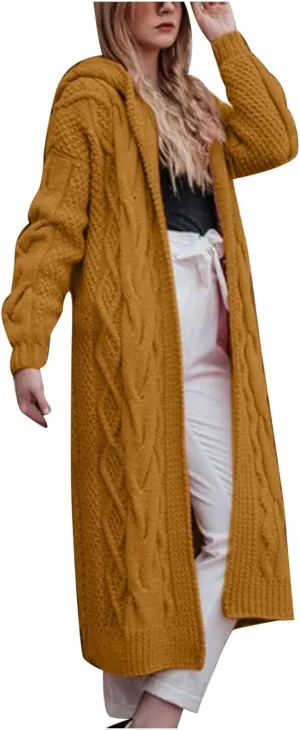 Women's Cable Knit Sweater Cardigan 2023 Fashion Long Sleeve Hooded Coats Open Front Long Cardigans Outwear