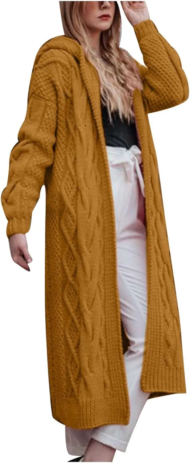 Women's Cable Knit Sweater Cardigan 2023 Fashion Long Sleeve Hooded Coats Open Front Long Cardigans Outwear