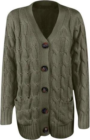 Women's Cable Knit Sweater Cardigan Winter Single Breasted Coats Casual Breathable Stretch Sweaters with Pockets