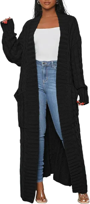 Women's Cable Knit Sweaters Cardigans Long Sleeve Warm Open Front Casual Loose Winter Chunky Coats Outwear with Pockets