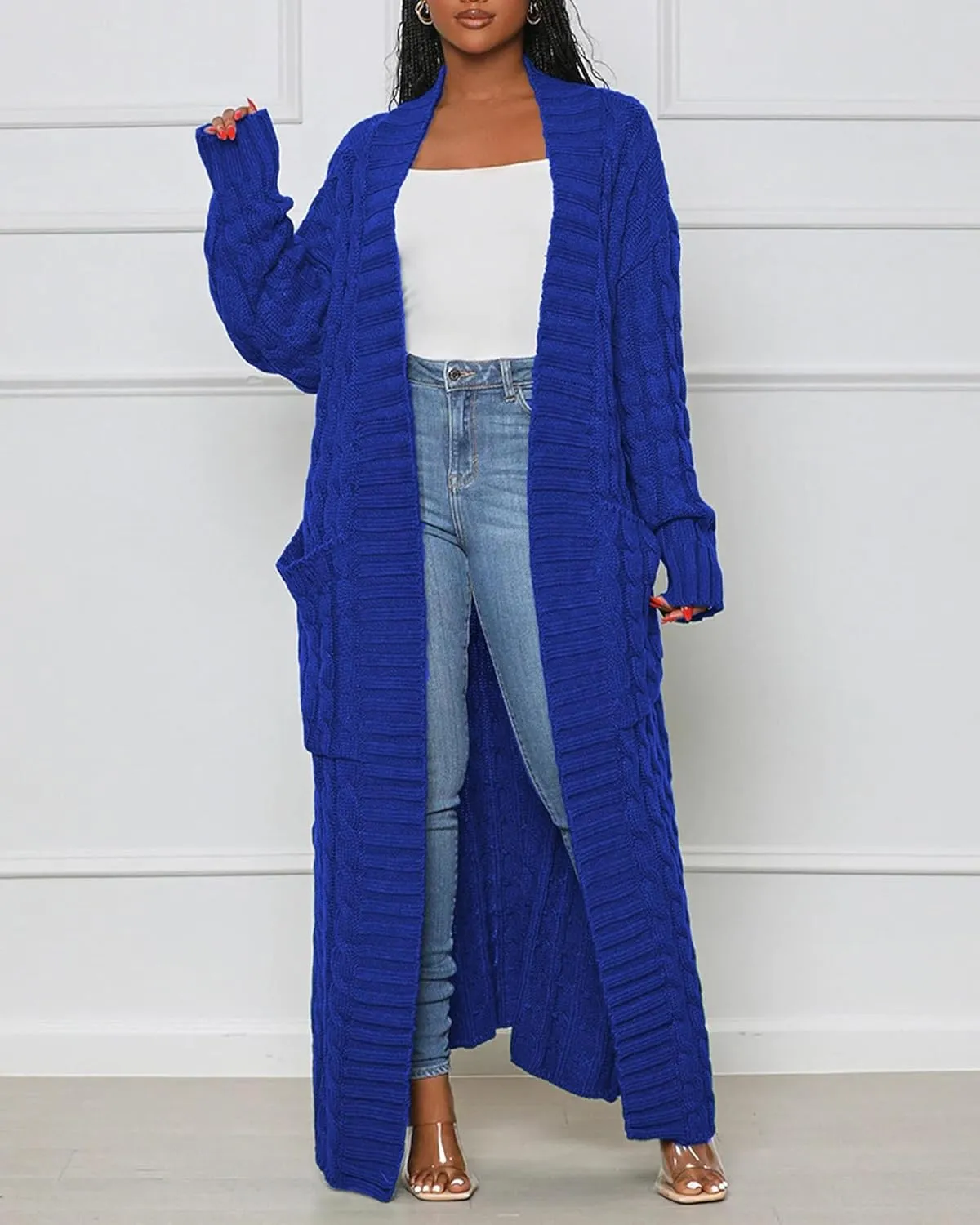Women's Cable Knit Sweaters Cardigans Long Sleeve Warm Open Front Casual Loose Winter Chunky Coats Outwear with Pockets