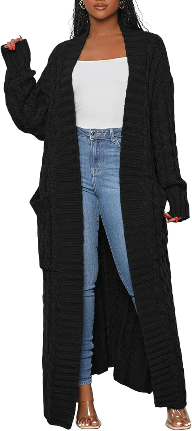 Women's Cable Knit Sweaters Cardigans Long Sleeve Warm Open Front Casual Loose Winter Chunky Coats Outwear with Pockets