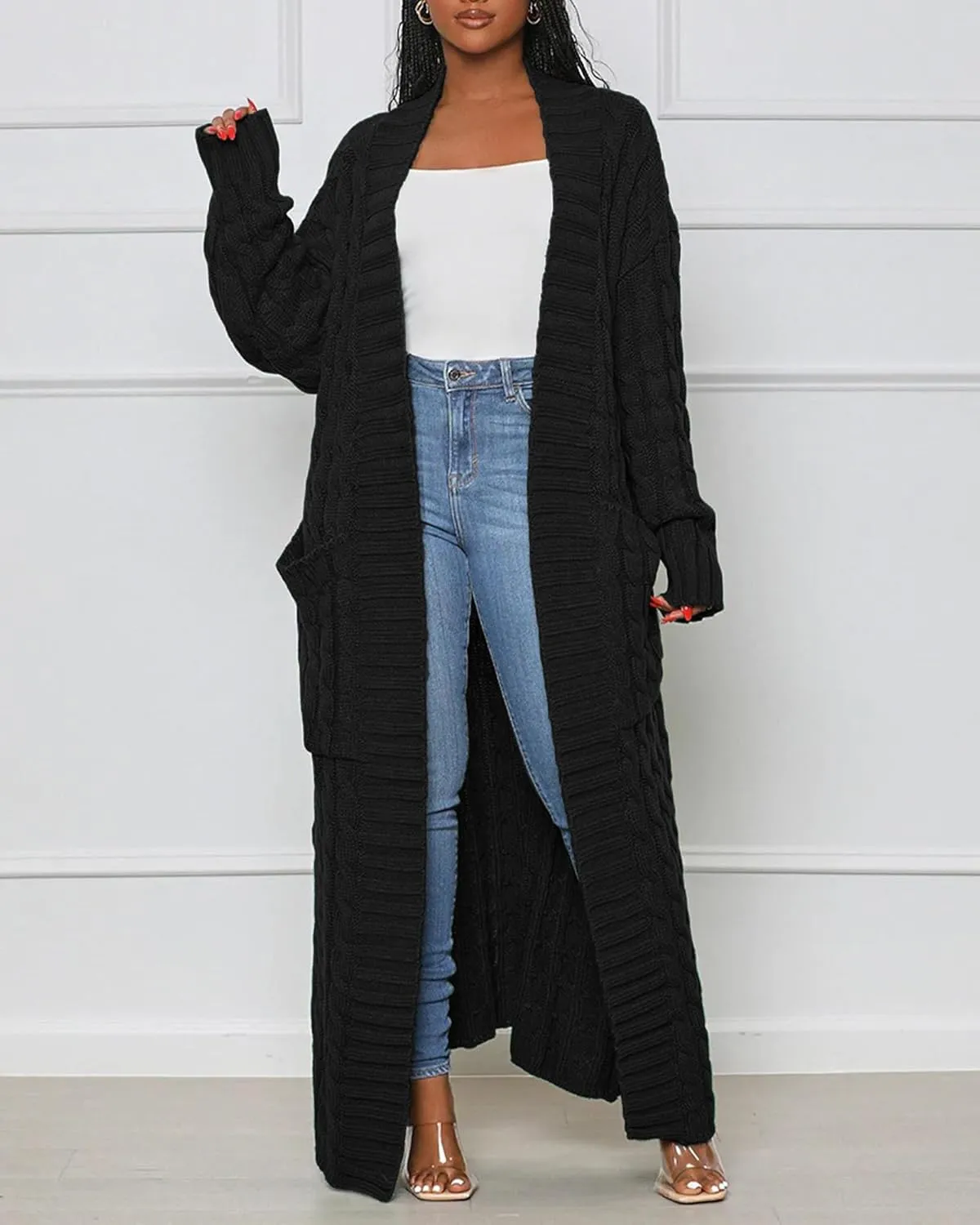 Women's Cable Knit Sweaters Cardigans Long Sleeve Warm Open Front Casual Loose Winter Chunky Coats Outwear with Pockets