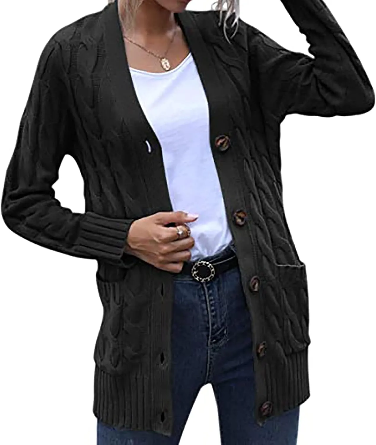Women's Cable Knit Sweaters Long Cardigan Button Down Winter Clothes 2022 Drop Shoulder Knit Outerwear with Pockets