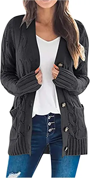 Women's Cable Knit Sweaters Long Cardigan Button Down Winter Clothes 2022 Drop Shoulder Knit Outerwear with Pockets