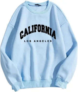 Womens California Los Angeles Sweatshirts Loose Fit Crew Neck Drop Shoulder Pullovers Baggy Fleece Preppy Top