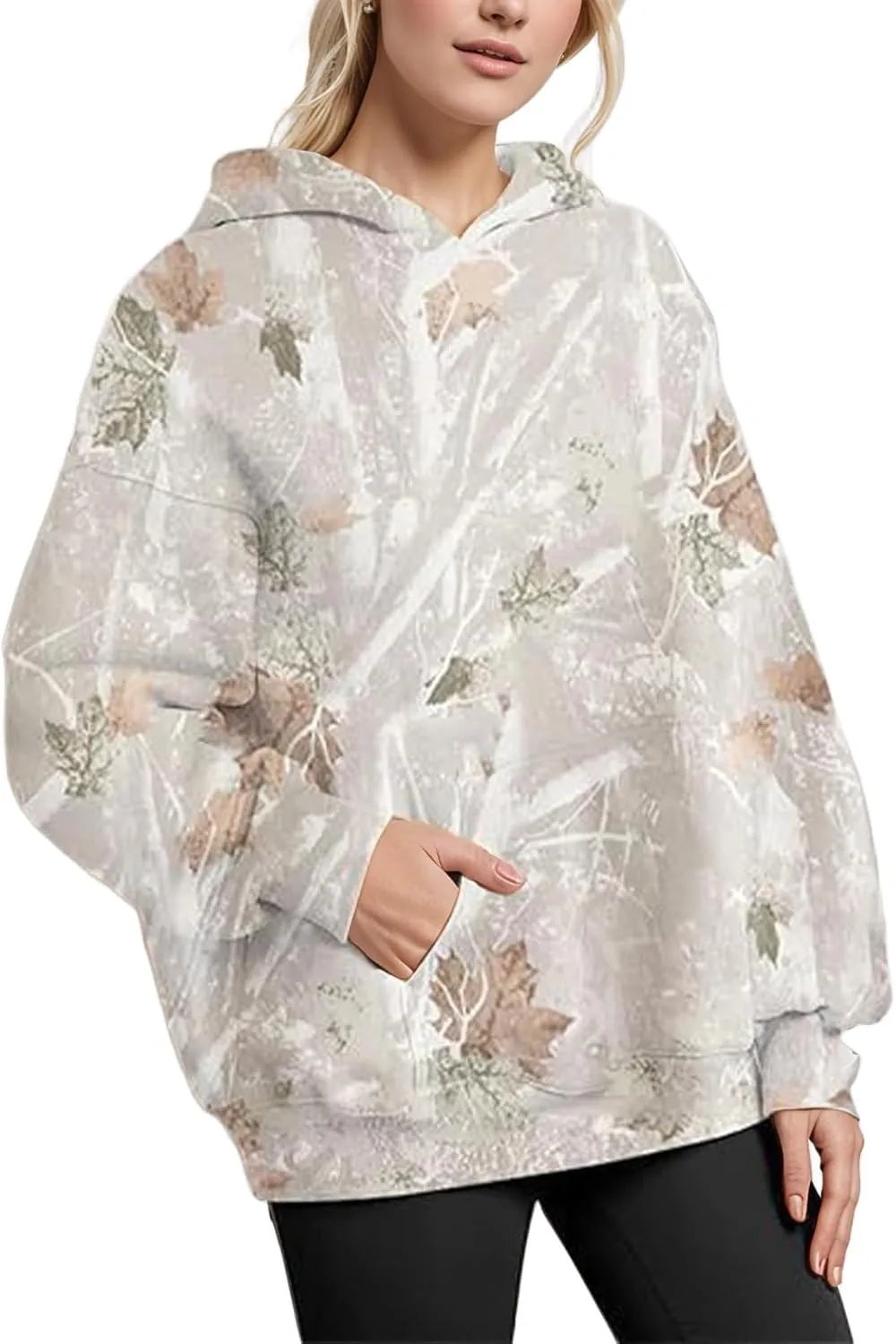 Women's Camo Hoodies Sweatshirt Maple Leaf Print Oversized Fleece Sweatshirts Classic Pullover with Pocket