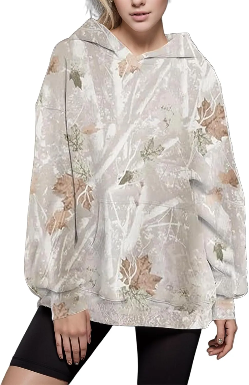 Women's Camo Hoodies Sweatshirt Maple Leaf Print Oversized Fleece Sweatshirts Classic Pullover with Pocket