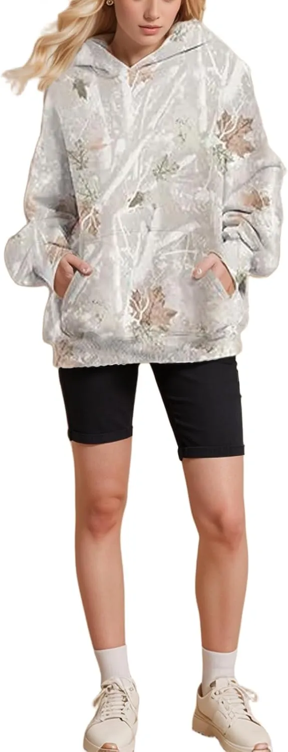 Women's Camo Hoodies Sweatshirt Maple Leaf Print Oversized Fleece Sweatshirts Classic Pullover with Pocket