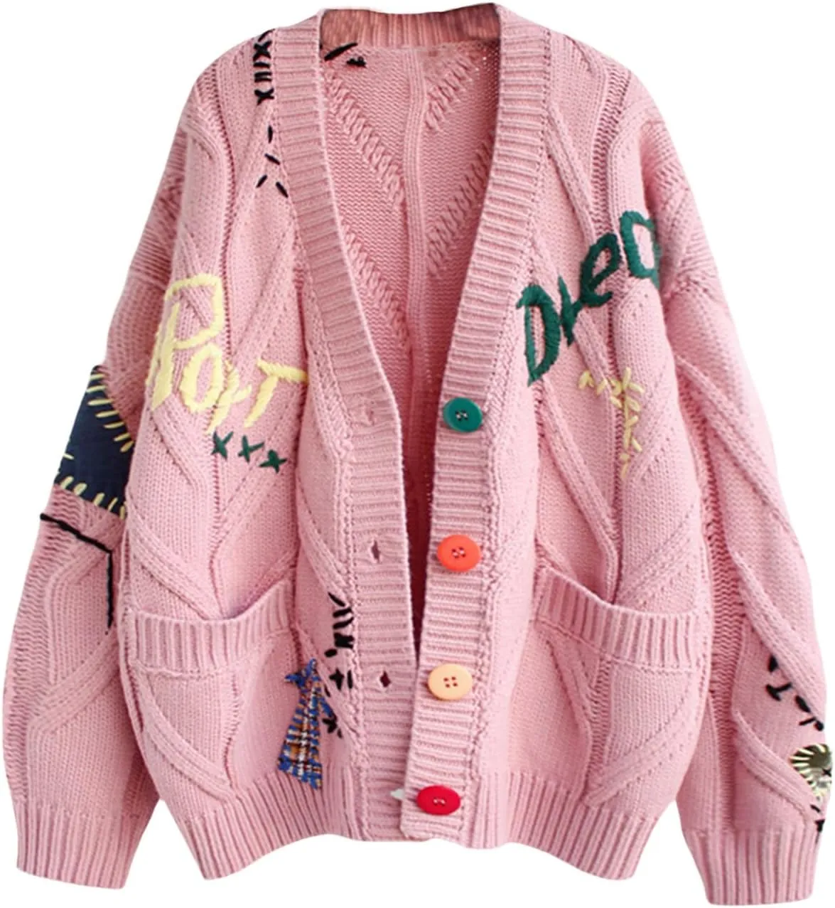 Women's Cardigan Sweater Cable Knit Embroidery Long Sleeve Open Front Cardigan V-Neck Button Down Sweater Coat Outwear