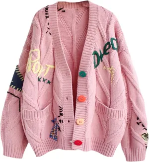 Women's Cardigan Sweater Cable Knit Embroidery Long Sleeve Open Front Cardigan V-Neck Button Down Sweater Coat Outwear