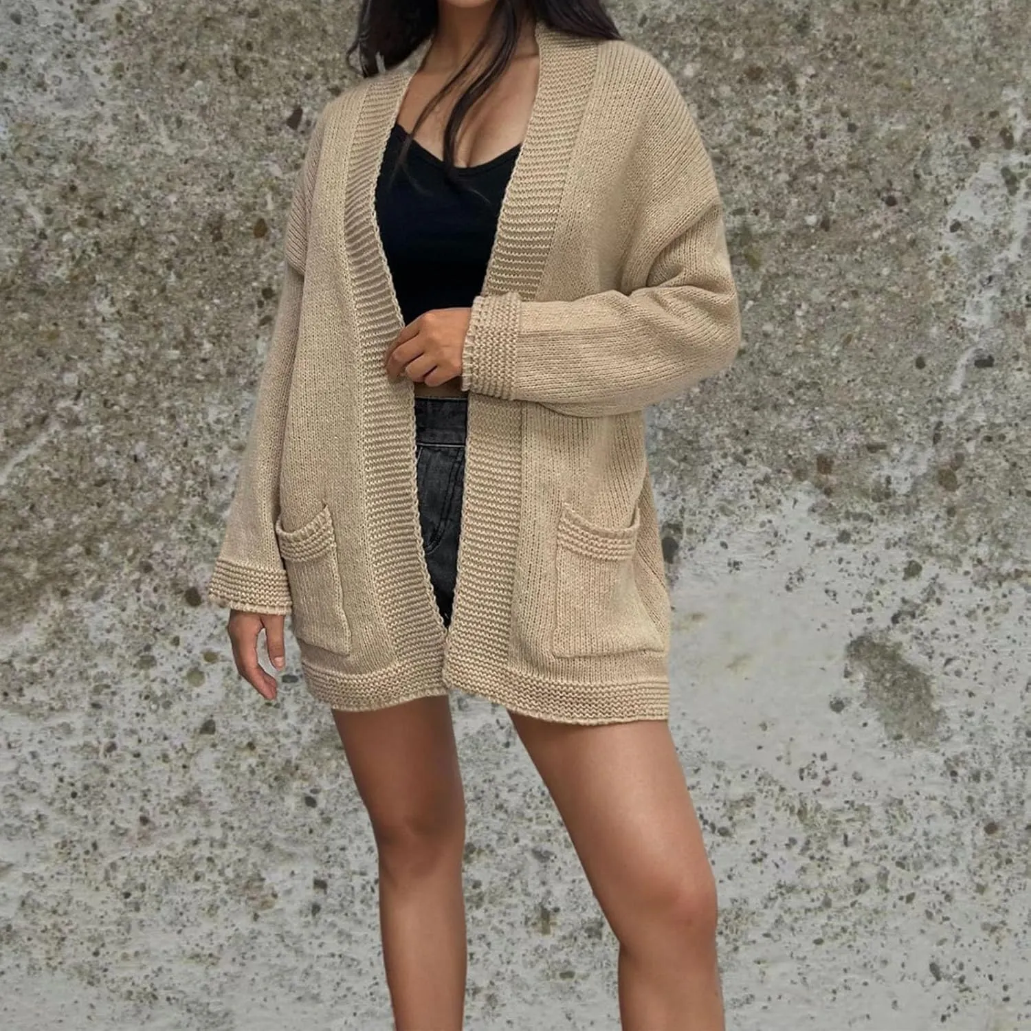 Women's Cardigans with Pockets Casual Knitted Solid Color Lightweight Open Front Cardigan Sweaters for Women