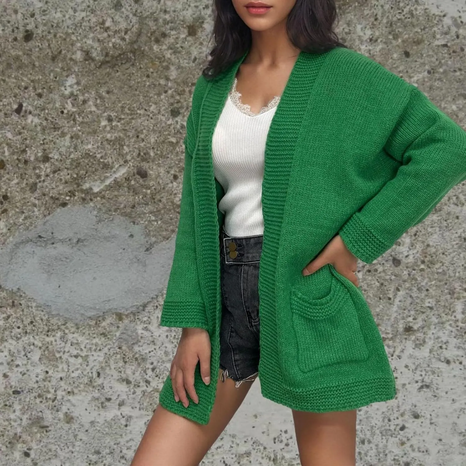 Women's Cardigans with Pockets Casual Knitted Solid Color Lightweight Open Front Cardigan Sweaters for Women