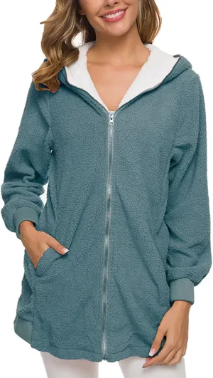 Women's Casual Cardigan Winter Coat Hooded Fleece Jacket Fuzzy Fleece Open Front Hooded Sweater with Pockets