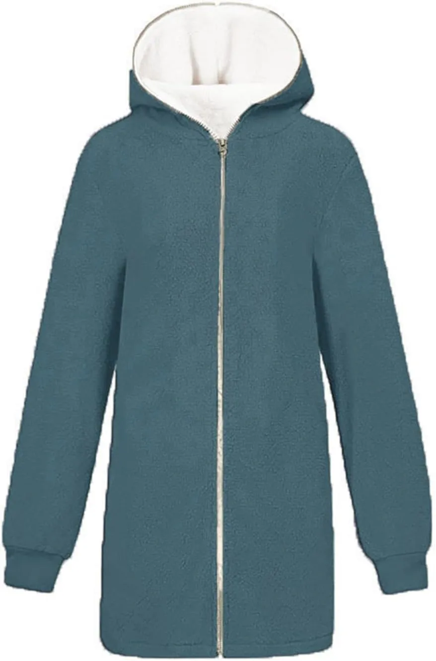 Women's Casual Cardigan Winter Coat Hooded Fleece Jacket Fuzzy Fleece Open Front Hooded Sweater with Pockets