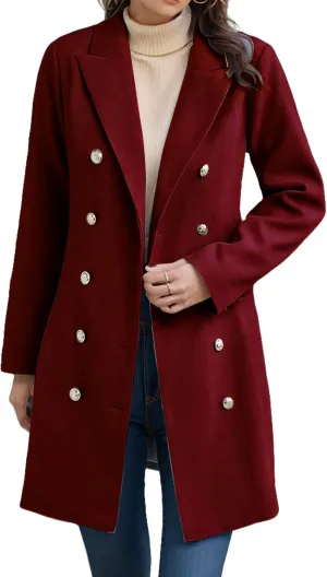 Womens Casual Coat Double Breasted Mid Long Pea Coat Notched Collar Wool Blend Overcoat