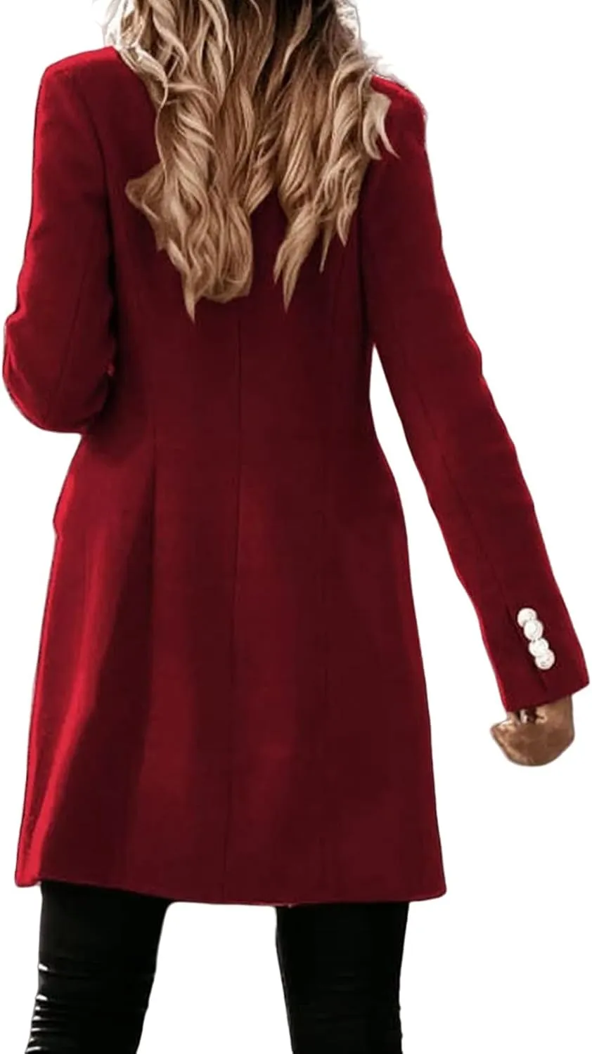 Womens Casual Coat Double Breasted Mid Long Pea Coat Notched Collar Wool Blend Overcoat